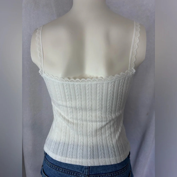 Shein White Knit Cami Top Lace Trim Ribbon Bow‎ Sleeveless Tank Top M - Picture 2 of 3